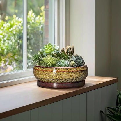 Succulent Pots Large - 13 Inch Ceramic Bonsai Pot with Drainage Hole and Tray, Round Succulent Planters, Shallow Plant Pots Indoor, Bowl Planter Outdoor, Garden Decor, Gardening Gift, Yellow