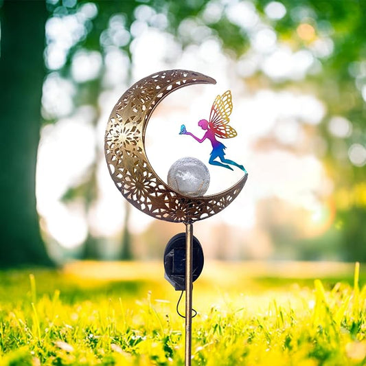 Waterproof Solar Moon Fairy Crackle Glass Lights, Metal Stake for Yard Patio Lawn Pathway Decor