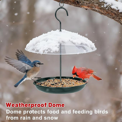Gtongoko Platform Bird Feeder for Outdoors Hanging with 12” Weatherproof Dome, Squirrel-Resistant Metal Tray, 2 Lbs Seed Capacity, 360° Multi-Bird Feeding, Green