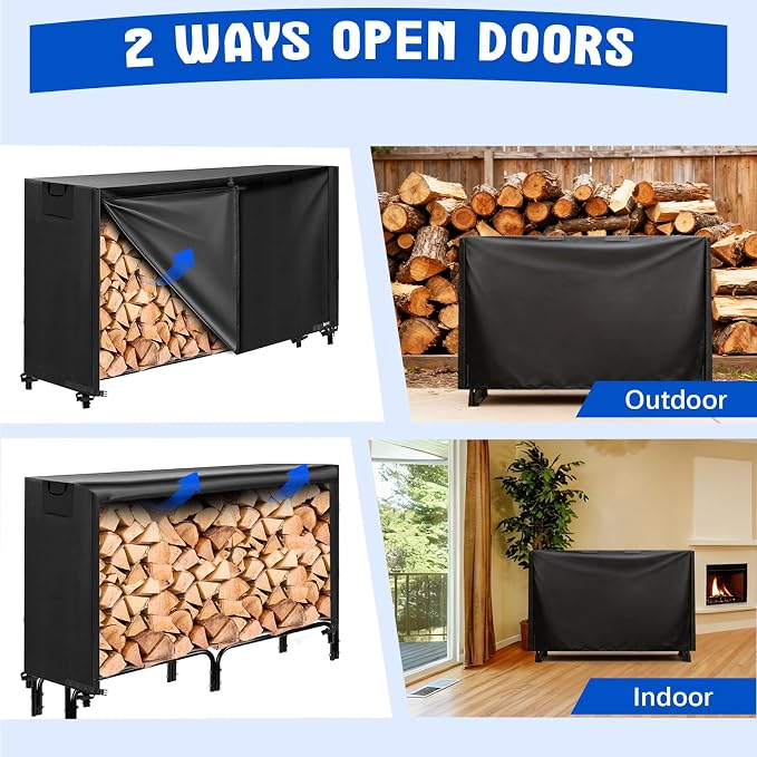 KALINCO 6FT Firewood Rack Cover, Heavy Duty 600D Waterproof Outdoor Firewood Storage Cover with Zipper and Hook Loop Tape (Log Rack not Included)