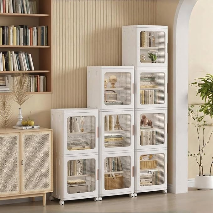 3-Tier Slim Bathroom Storage Cabinet for Small Space,White | Quick Assembly,Foldable,Plastic Organizers,Magnetic Doors,Adjustable Shelves,Narrow Storage Cabinet,Wheels