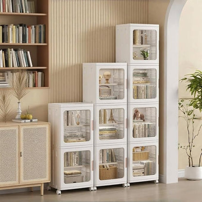 3-Tier Slim Bathroom Storage Cabinet for Small Space,White | Quick Assembly,Foldable,Plastic Organizers,Magnetic Doors,Adjustable Shelves,Narrow Storage Cabinet,Wheels