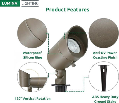 Lumina Lighting® 4W Landscape lighting 12V Landscape Lights Low Voltage Landscape Spotlights Warm White Waterproof Outdoor Replaceable LED Bulb for Garden, Lawn, Porch, Patio and Yard (Bronze, 6-Pack)