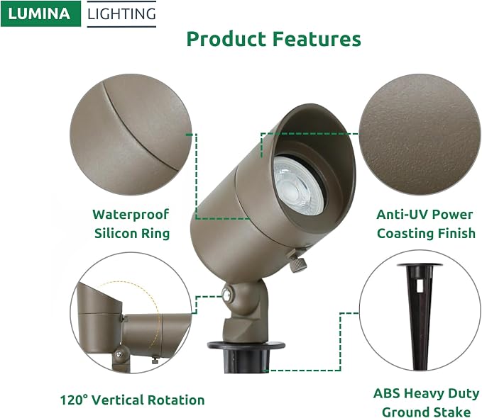 Lumina Lighting® 4W Landscape Lighting 12V Landscape Lights Low Voltage Landscape Spotlights Warm White Waterproof Outdoor Replaceable LED Bulb for Garden, Lawn, Porch, Patio and Yard(Bronze, 2-Pack)