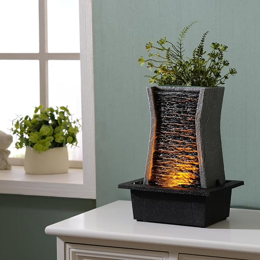 GOSSI Tabletop Water Fountain with LED Lights, Indoor Waterfall Fountain for Home Office Bedroom Decor, Includes Plastic Pots for Plant Growing, Relaxation Desk Accessory (24285)