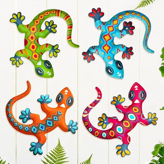Metal Gecko Wall Art Decor- Outdoor Lizards Hanging Decoration for Garden Yard Fence Patio Balcony(4 Pack)