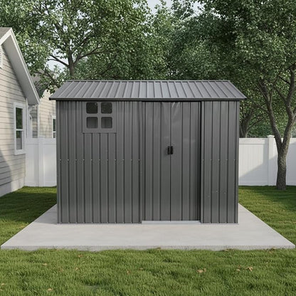 8x6 FT Outdoor Storage Shed,Galvanized Steel Heavy Duty Metal Tool Shed with Window & Vents,Sliding Door,Weatherproof Utility Shed for Backyard Patio Lawn,Gray