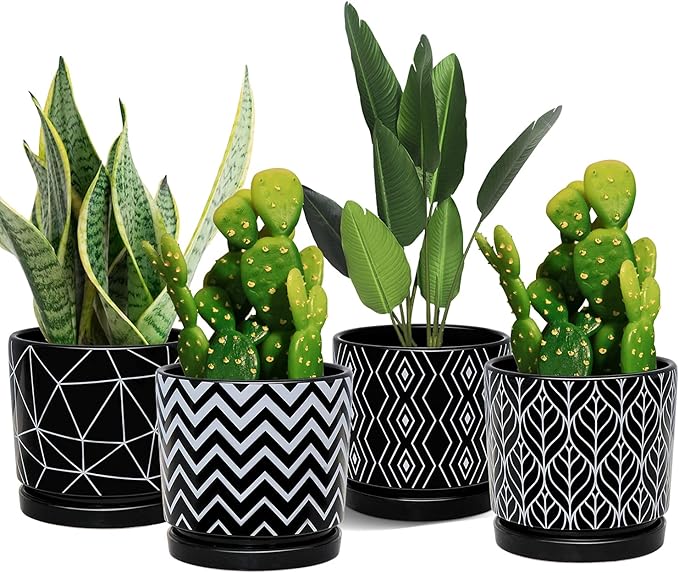 Ton Sin Flower Pots, 5.5 Inch Black Ceramic Planter Pot with Drainage Hole, Indoor Cylinder Plant Pots with Saucer, Cactus Succulent Pots Outdoor Garden Pots Set of 4