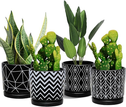 Ton Sin Flower Pots, 5.5 Inch Black Ceramic Planter Pot with Drainage Hole, Indoor Cylinder Plant Pots with Saucer, Cactus Succulent Pots Outdoor Garden Pots Set of 4