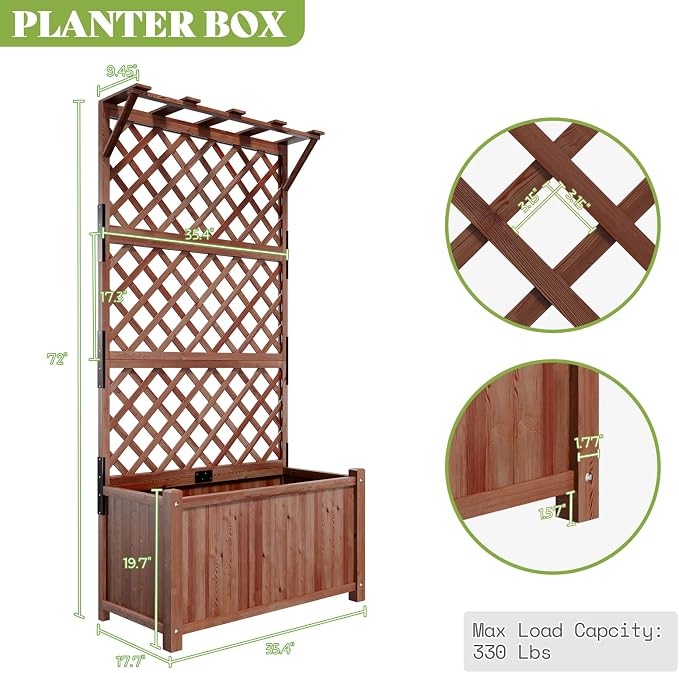 AMERLIFE Raised Garden Bed with Trellis for Vegetables, Climbing Plants, Durable Natural Wood Planter Box with Drainage Holes, Privacy Planter for Outdoor Yard & Patio, Easy Assembly