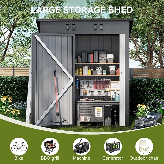 COMHOMA Shed Outdoor Storage Shed Metal,Lockable Doors Tool Sheds with Sloping Roof,Steel Garden Shed with Air Vent for Backyard,Patio,Lawn,Poolside(Grey,5'*3') | Sloping Roof and Air Vent Perfect for Backyard Patio Lawn and Poolside