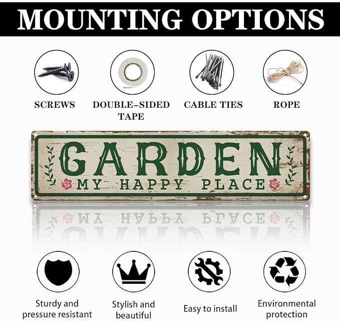 Garden Metal Tin Sign, My Happy Place Sign, Vintage Farmhouse Outdoor Wall Decor, for Porch Patio Fence, Gift for Rustic Garden Shed Decor, 15.7 x 3.9 Inches