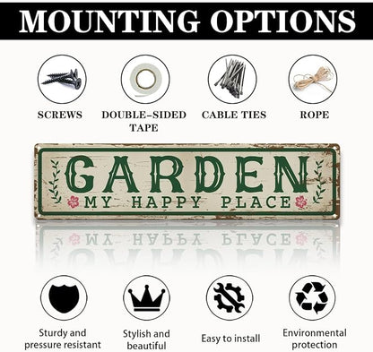 Garden Metal Tin Sign, My Happy Place Sign, Vintage Farmhouse Outdoor Wall Decor, for Porch Patio Fence, Gift for Rustic Garden Shed Decor, 15.7 x 3.9 Inches