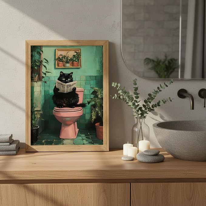 Funny Bathroom Wall Art Black Cat bathroom decor, funny Cat Bathroom Decor Canvas Print, funny Animal bathroom Wall Decor Framed Artwork for Bathroom Home 16x12 Inch