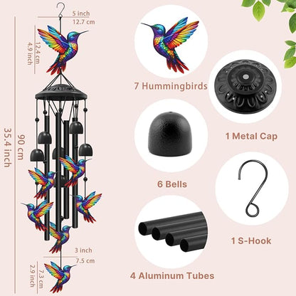 Hummingbird Wind Chimes for Outside, Black Metal Windchimes Outdoors, Hummingbirds Gifts for Women/Men, Garden/Yard Decor, Memorial/Birthday Gifts for Grandma/Mom, Durable Chimes for Outdoors