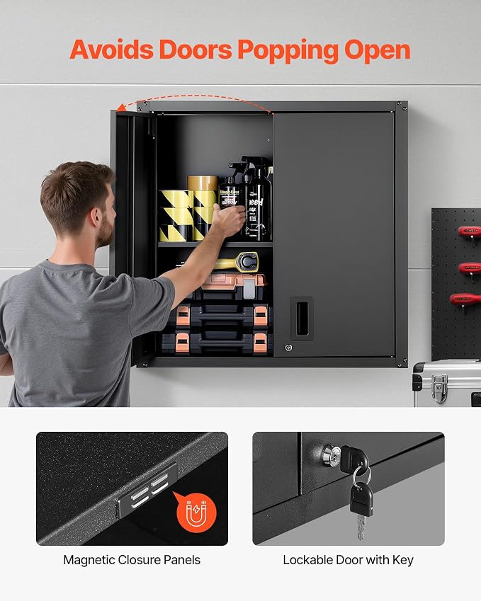 VEVOR Metal Wall Cabinet, 30W x 12.2D x 30H Inch, Steel Floating Hanging Storage Cabinet with Locking Doors and Adjustable Shelf for Garage, Basement, Kitchen, Warehouse Assembly Required, Black