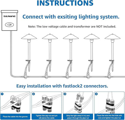 SUNVIE Low Voltage Pathway Lights Wired Path Light Outdoor 3W 12-24V 3000K Waterproof Aluminum LED Landscape Lights with Connector for Garden Walkway Yard - ETL Listed Cord, 8 Pack