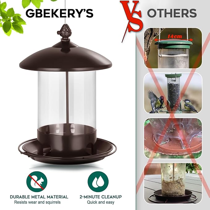 Gbekery Metal Bird Feeders for Outdoors Hanging, Weather Resistant Wild Bird Feeder with 360 Degree Feeding Tray, Brown