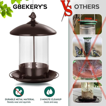Gbekery Metal Bird Feeders for Outdoors Hanging, Weather Resistant Wild Bird Feeder with 360 Degree Feeding Tray, Brown