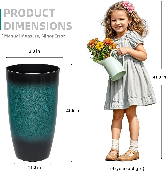 Autodaya 23.8" Tall Outdoor Planters Set of 2 Flower Pot for Outdoor Plants | Faux Ceramic Large Planters with Drainage Hole, Gradient Turquoise Glaze, Weather-Resistant for Garden Patio Porch Home Decor