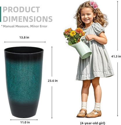 Autodaya 23.8" Tall Outdoor Planters Set of 2 Flower Pot for Outdoor Plants | Faux Ceramic Large Planters with Drainage Hole, Gradient Turquoise Glaze, Weather-Resistant for Garden Patio Porch Home Decor