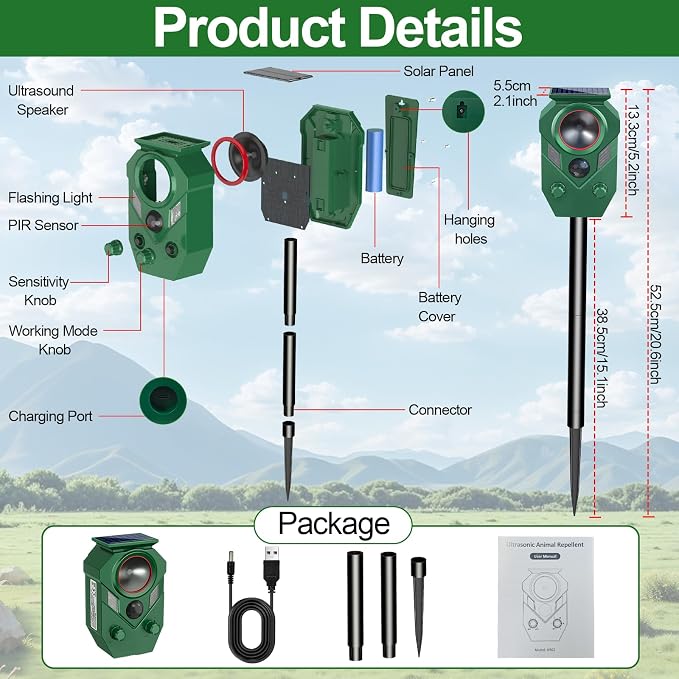 Solar Animal Repellent,Ultrasonic Cat Repellent Outdoor with Motion Sensor,Waterproof Rabbit Repeller with Flashing Light Defender Dog, Mouse,Squirrel,Raccoon,Skunk,Deer for Yard Farm Garden-1 Pack