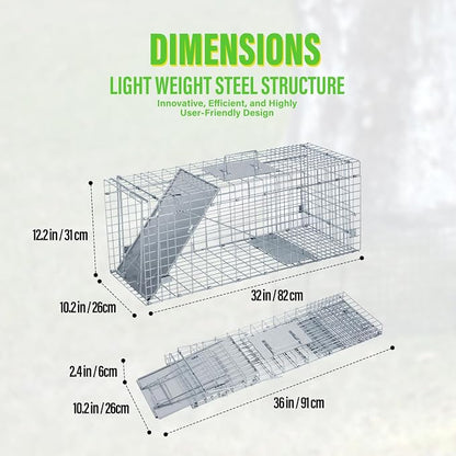 Humane Way Folding 32 Inch Live Humane Animal Trap - Safe Traps for All Animals - Raccoons, Cats, Groundhogs, Opossums - 32" L x 10.2" W x 12.2" H