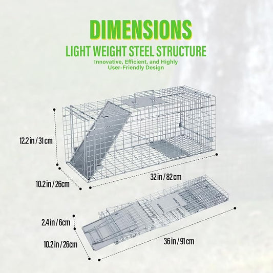 Humane Way Folding 32 Inch Live Humane Animal Trap - Safe Traps for All Animals - Raccoons, Cats, Groundhogs, Opossums - 32" L x 10.2" W x 12.2" H