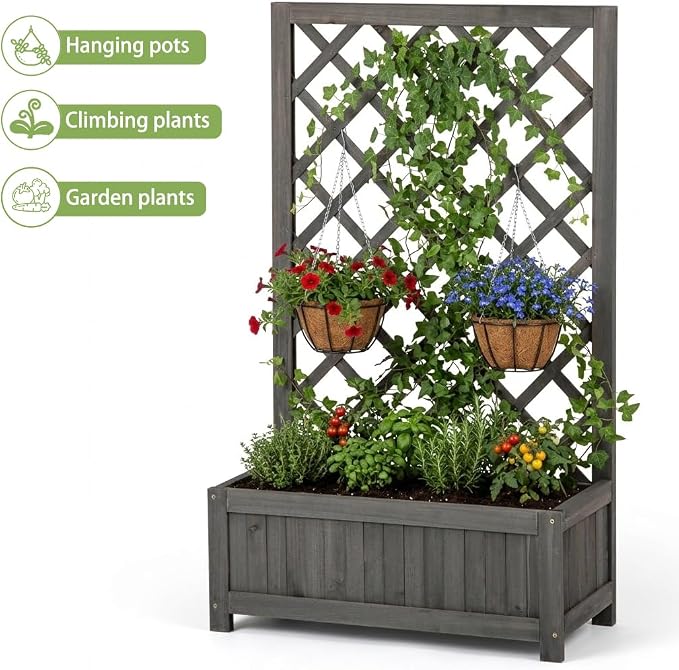Wooden Raised Garden Bed with Trellis, 40" Outdoor Planter Box for Climbing Plants, Vertical Modern Gray Garden Planter for Vegetables, Flowers & Vines, Lattice Plant Support for Patio Yard Balcony