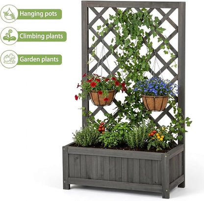 Wooden Raised Garden Bed with Trellis, 40" Outdoor Planter Box for Climbing Plants, Vertical Modern Gray Garden Planter for Vegetables, Flowers & Vines, Lattice Plant Support for Patio Yard Balcony