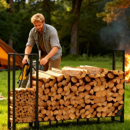 8ft Large Firewood Rack Outdoor, Heavy Duty Metal Wood Rack with Kindling Storage - For Indoor & Outdoor Fireplace, Wood Pile Organizer,Black