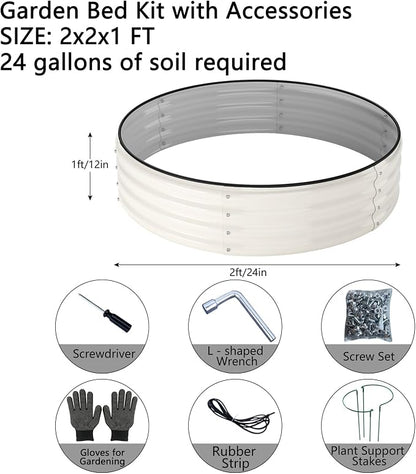 ZFHgarden Galvanized Metal Planter Round Raised Garden Bed Kit for Gardening Outdoor，2x2x1ft Grow Garden Box Raised Flower Bed，Round Galvanized Planter Outdoor Metal Fire Pit Ring White