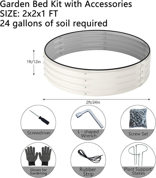 ZFHgarden Galvanized Metal Planter Round Raised Garden Bed Kit for Gardening Outdoor，2x2x1ft 2pc Grow Garden Box Raised Flower Bed，Round Galvanized Planter Outdoor Metal Fire Pit Ring White