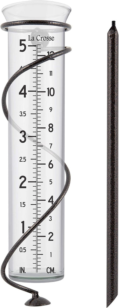 La Crosse 704-08967-INT Original Handcrafted Colombian Metal Finish Spiral Rain Gauge with 5-inch Capacity Glass Rain Garden Tube