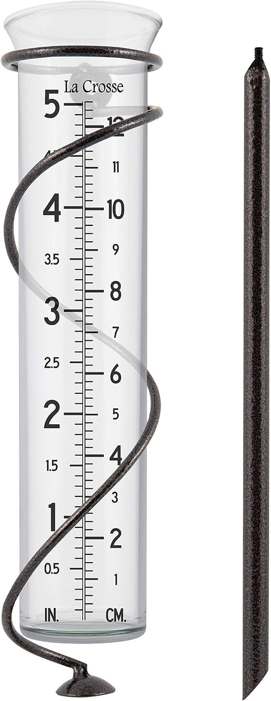 La Crosse 704-08967-INT Original Handcrafted Colombian Metal Finish Spiral Rain Gauge with 5-inch Capacity Glass Rain Garden Tube