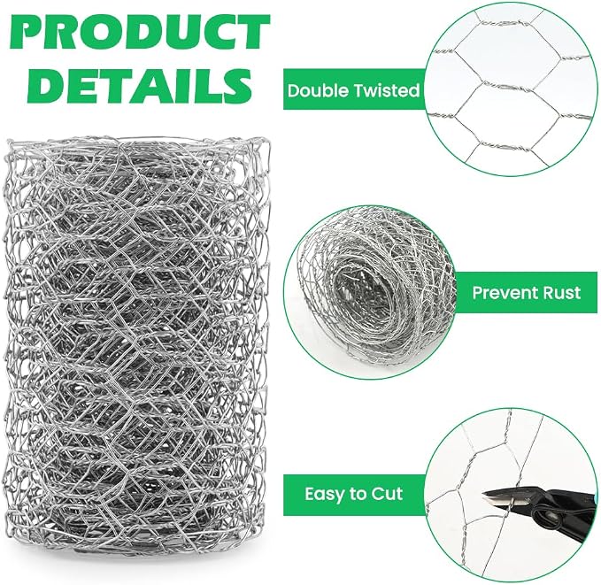 Floral Chicken Wire for Craft, 4 x 118 Inch Galvanized Iron Garden Fence Barrier Chicken Wire Netting, Galvanized Hardware Netting for Protect Plant, Preventing Snakes, Foxes