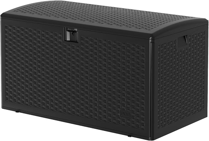 99 Gallon Waterproof Large Resin Deck Box Indoor Outdoor, Lockable Storage Container for Patio Furniture Cushions, Throw Pillows, Garden Tools, and Pool Floats, Black