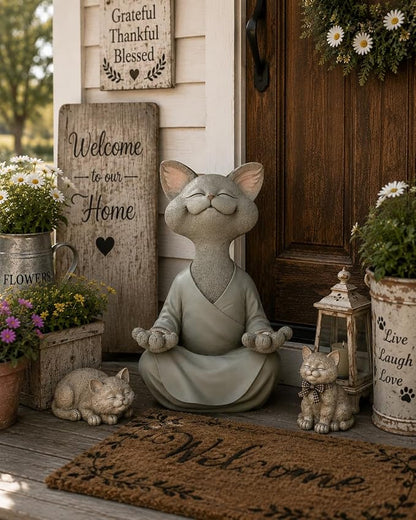 12" Whimsical Happy Cat Buddha Statue – Indoor Outdoor Zen Cat Decor