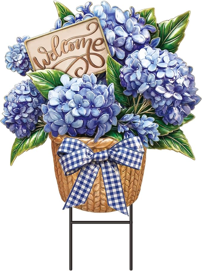 Amyhill Summer Outdoor Decor Hydrangea Metal Garden Stakes 25 Inch Decorative Hydrangea Yard Signs with Stakes Waterproof Floral Lawn Sign Welcome Outdoor Decorations for Patio Porch Lawn Backyard