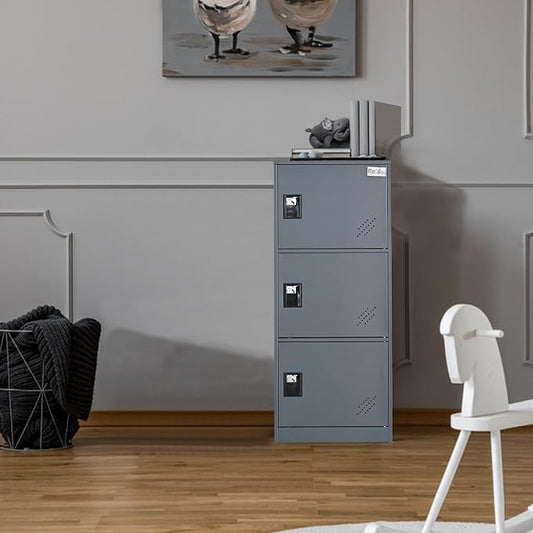 MECOLOR Vertical Single Tier Small Locker with Padlock latche 2 or 3 Compartment Storage for Employee,Home,Office,School,Kids (Dark Grey, P3V)