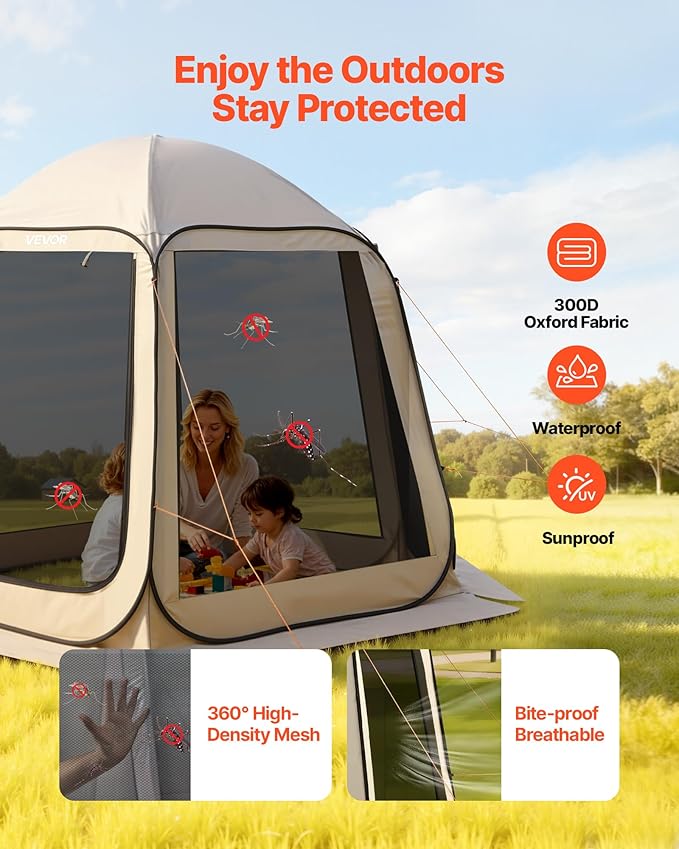 VEVOR Pop up Screen House Tent, 10 x 9.2 ft, 4-8 Person Screen Gazebo, Portable Screened in Canopy with Carry Bag, Netting Sides, Ground Stakes, for Garden, Patio, Backyard, Outdoor Activities, Beige