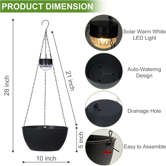 BAYN 2 Packs Solar Hanging Basket Planters for Plants Outdoor | Self Watering, Black Flower Pots with Solar Light , Hanging Planters with Drainer for Balcony Patio Garden Decoration