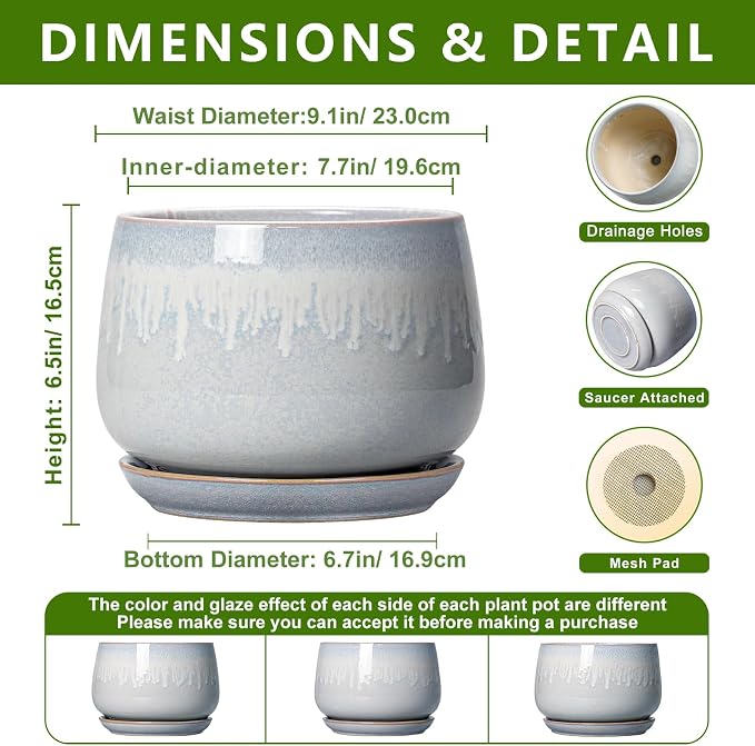 9 Inch Ceramic Pots for Plants - Indoor Plant Pots with Drainage and Saucer, Decorative Planters for Indoor Plants, Round Large Flower Pot, Rustic Home Decor, Housewarming Gifts, Grey-White