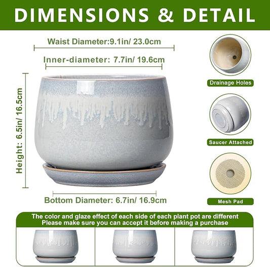 9 Inch Ceramic Pots for Plants - Indoor Plant Pots with Drainage and Saucer, Decorative Planters for Indoor Plants, Round Large Flower Pot, Rustic Home Decor, Housewarming Gifts, Grey-White