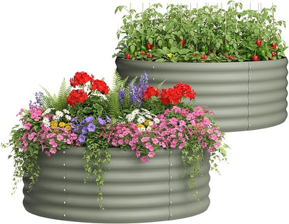 DDK Galvanized Raised Garden Bed, Round Outdoor Planter Bed, 4x4x1.5ft Metal Planter Box for Gardening and Planting,2Pack,LG