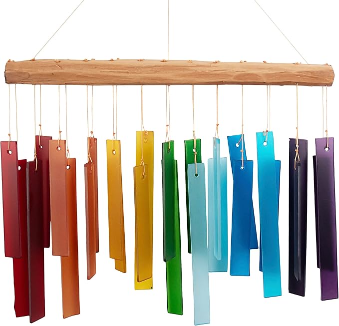 Blue Handworks Color Spectrum Glass and Driftwood Chime | Sandblasted Glass and Found Wood Hand Crafted Wind Chime