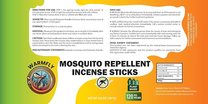 Mosquito Repellent Outdoor Patio (120 PCS), Plant-Based Incense Sticks with Rosemary, Lemongrass & Citronella for Camping Essentials, Hiking, Yard