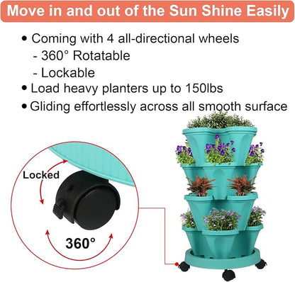 GameXcel Vertical Planter Tower - 4 Tier Stackable Garden Planters with Wheels and Tools Plant Pots for Strawberry Herb Flower and Vegetable Indoor Outdoor Use Teal