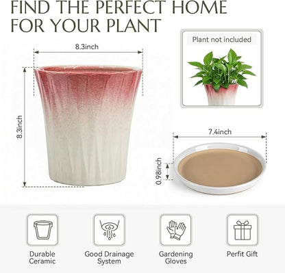 8.3 Inch Ceramic pots for Plants with Saucer Drainage Leak-Proof Mesh, Round Plant Pot with Gardening Gloves for Indoor Outdoor Plants (Rippled Pink)
