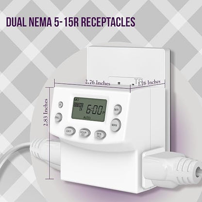 ENERLITES Heavy Duty Programmable Digital Plug-in Timer for Electrical Outlets, Timer Outlet for Lights, Lamps, Grounded Outlet, 7 Day Random, 120V 15A 1200W, HET07, White, 2 Pack